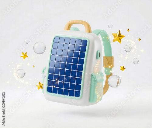 3D smart eco friendly backpack icon with integrated solar panel, pastel mint green straps, and wooden handle, sustainable green energy tourism and mobility concept, future technology claymorphism isol