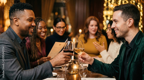Friends celebrate dinner with drinks in festive setting