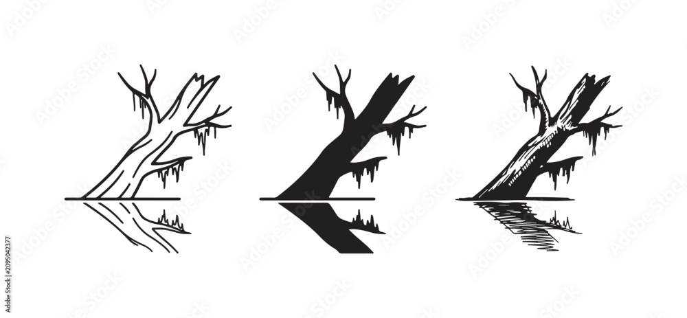 Fototapeta premium Dead tree with hanging moss reflected in water icons, presented in outline, solid, and sketchy styles