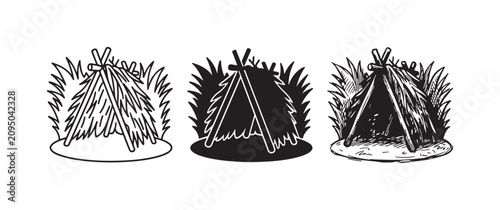 Tableau sur toile Three graphic styles of a primitive stick and grass hut or shelter surrounded by tall grass, illustrating precise line art, solid silhouette, and rough sketch