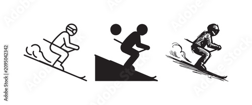 Foto Three graphic variations of a skier descending a slope with ski poles and snow effect, displayed as precise line art, solid silhouette, and rough sketch