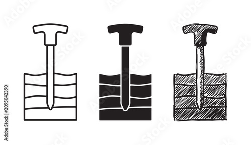 Tableau sur toile Soil sampler in ground showing earth layers, in outline, solid, and sketchy icon