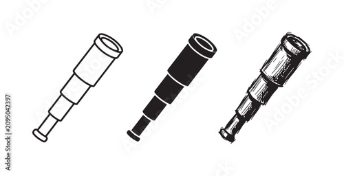 Tableau sur toile Collapsible monocular telescope icon set, presented in outline, solid, and detai