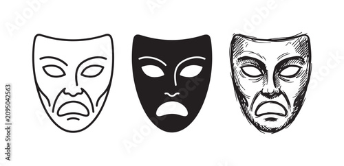 Photos Sad theatrical mask icon set, representing melancholy or unhappiness, in outline