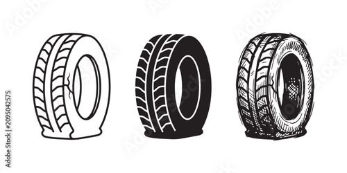 Bild auf Leinwand Flat car tire symbol set in outline, solid, and hand-drawn sketch styles