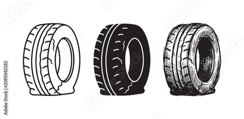 Tableau sur toile Flat tire icons in line art, silhouette, and sketch styles