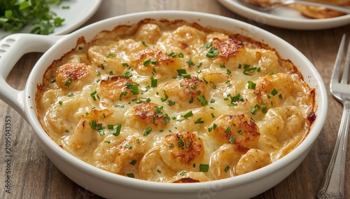 Baked Dish With Cheese and Round Bread Rolls in a Serving Pot on a Dark Surface