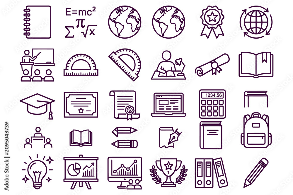 Fototapeta premium Education and learning icons set with various symbols representing knowledge, science, and academic achievements