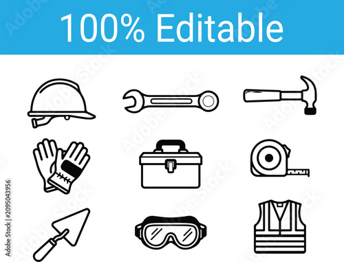 Foto 9 Construction Industrial work tools icon set, black silhouettes of different eq