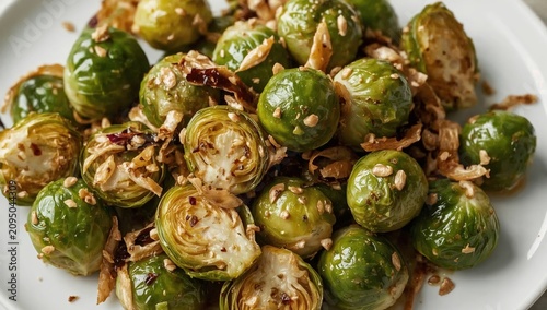 Brussels Sprouts With Nuts and Sesame Served on a Plate
