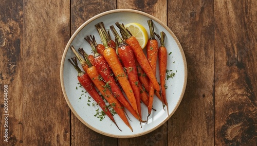 Fresh Carrots Arranged on a Plate With Lemon Slices and Herbs on a Wooden Table