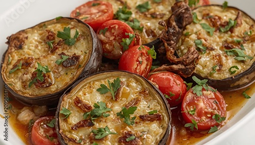 Dish Featuring Baked Eggplant and Tomatoes in a Serving Tray With Herbs on Top