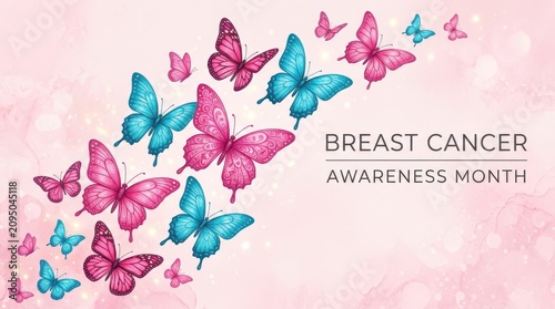 Breast Cancer Awareness Month Elegant digital illustration of colorful butterflies with Breast Cancer Awareness Month text on soft pink watercolor background