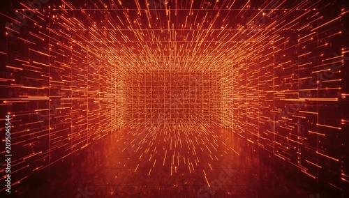 Bright Red Light Lines Create a Pattern in a Dark Space During an Art Exhibit