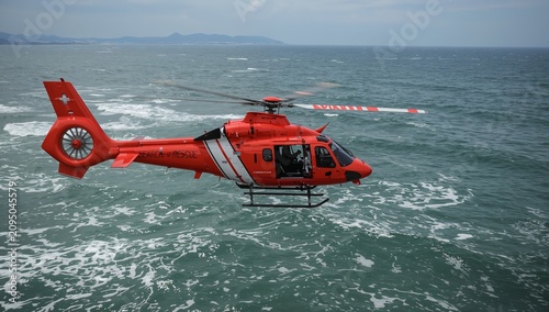 Helicopter Flying Over Ocean Waves Near Rocky Coastline During Daylight Hours