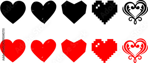 Heart icon set in black and red with solid, pixel art, and decorative floral styles, a versatile love symbol vector collection perfect for Valentine's Day, wedding, romance, gaming, and social media g