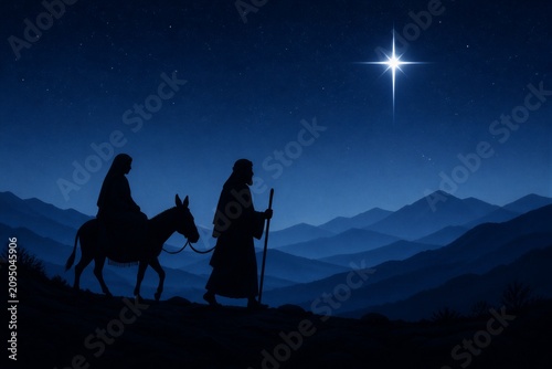 Mary rides on a donkey while Joseph walks beside her through the mountains at night. A bright star shines in the sky, guiding their path.