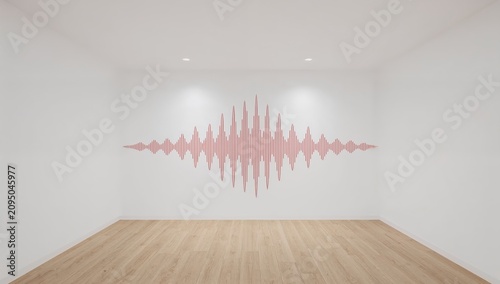 Sound Wave Art Displayed on a White Wall Inside a Bright Room With Wooden Flo...