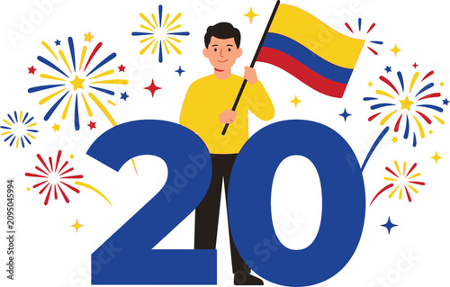 Obraz na płótnie Person celebrating 2020 with Colombian flag and fireworks