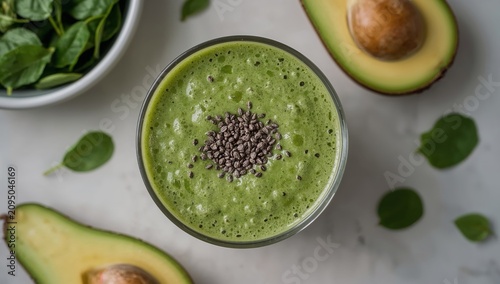 Green Smoothie With Spinach and Avocado on a Wooden Table