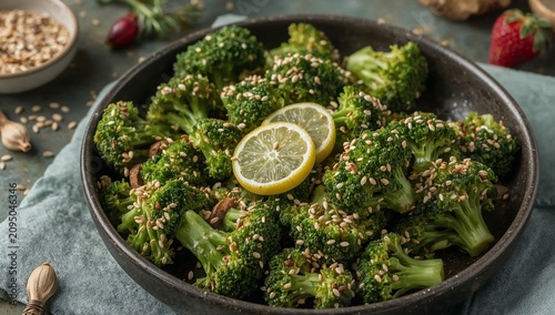 Fresh Broccoli Served on a White Plate With Sesame Seeds on a Wooden Table in...
