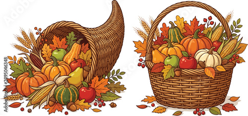 Bild auf Leinwand Autumn harvest basket and cornucopia with fruits and vegetables