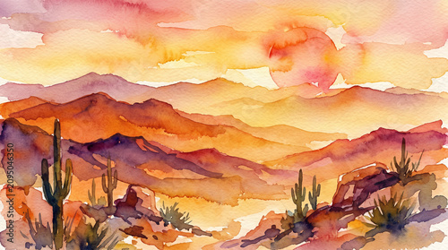 Stunning watercolor desert panorama at golden sunset with dramatic saguaro cacti and layered purple mountain silhouettes