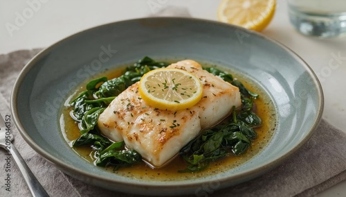 Grilled Fish Served With Spinach and Lemon in a Bowl on a Table
