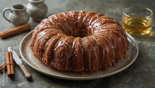 Delicious Cake on a Plate With a Drink and Silverware in a Kitchen