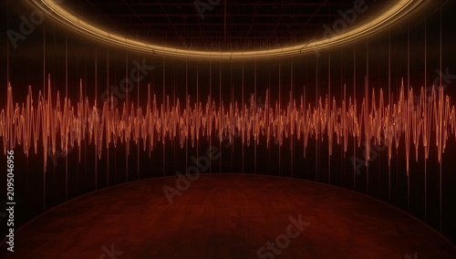 Sound Waves Displayed in a Dark Room With Glowing Lights at a Modern Art Inst...