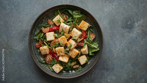 Healthy Salad With Spinach, Tofu, and Sliced Onions Served in a Bowl