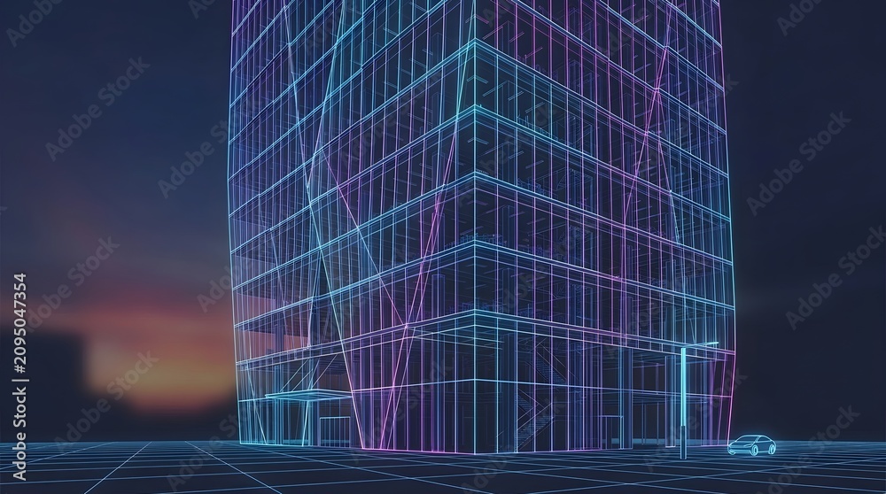 Fototapeta premium Neon lit skyscraper at sunset