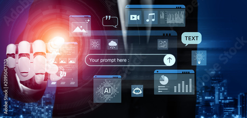 Fotografía Prompt driven AI interface enabling text, image vision, audio and media video data neural asset and tool in smart creation chat workspace edit