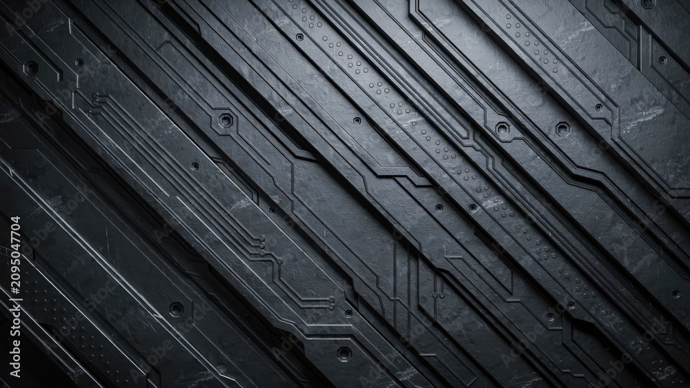 Fototapeta premium Dark metallic textured surface features intricate geometric patterns and precise industrial lines in matte grey finish