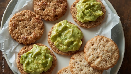 Guacamole Spread on Oat Crisps Served on a Plate With Paper Napkin in a Kitch...
