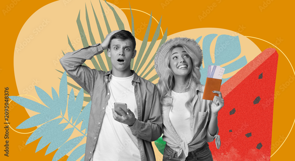 Obraz premium Surprised Young Couple, Caucasian Male And Female, Holding Travel Tickets And Smartphone While Planning Vacation Together At Home. Excitement And Anticipation For Their Upcoming Trip.