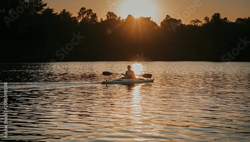 Kayaker Paddles Across Water at Sunset in a Tranquil Setting Near Trees