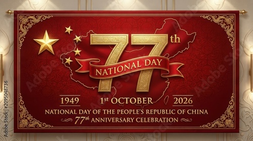 National Day Horizontal festive banner for 77th anniversary of People's Republic of China with gold map and traditional motifs