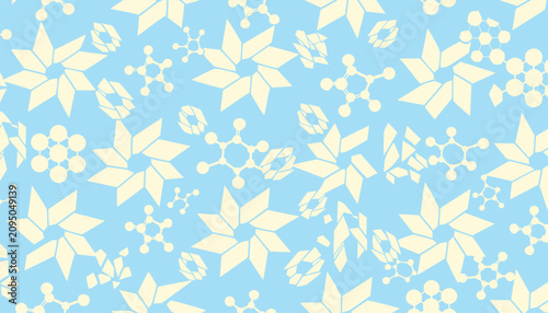 Foto Scientific Pattern: A visually engaging pattern featuring stylized geometric shapes and molecular structures, set against a soft blue background, evoking a sense of order and scientific discovery
