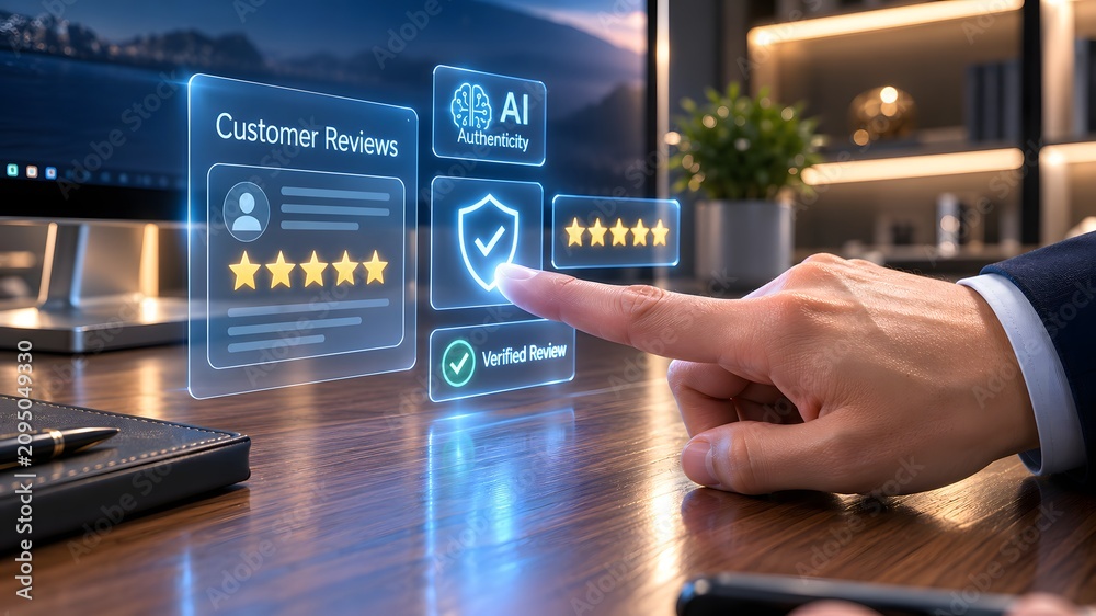 Fototapeta premium Ai powered customer review verification system with hand interaction