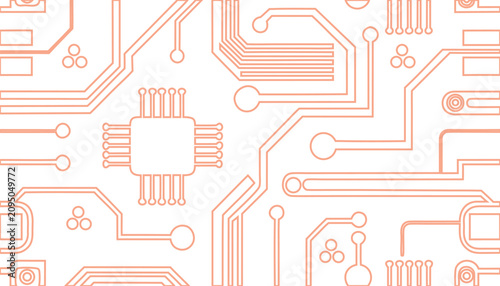 Foto Circuit Board Pattern: An intricate pattern of orange circuit board traces, components, and connections on a white background, representing technology and innovation