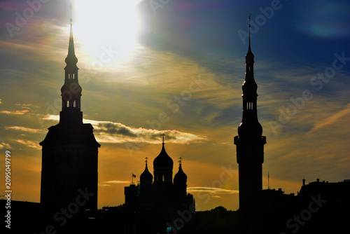 Buildings silhouette Tallinn Estonia at sunset 