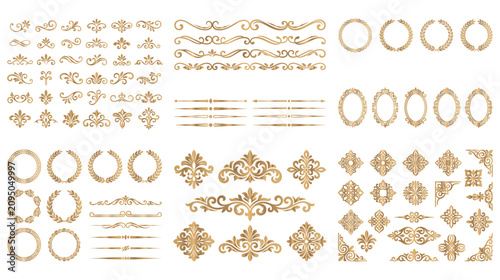 Foto Golden heraldic emblems and circular wreaths set design.