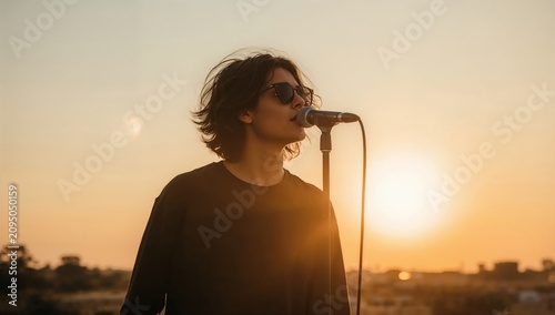 Singer Performs at Sunset on Rooftop During Warm Evening