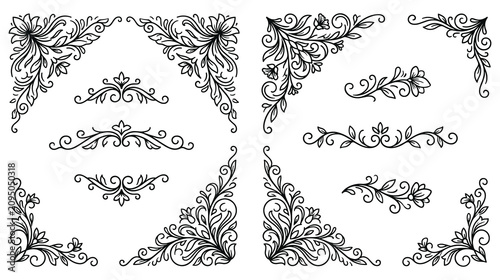 Schilderij op canvas Floral corner border set doodle leaves line art design elements.