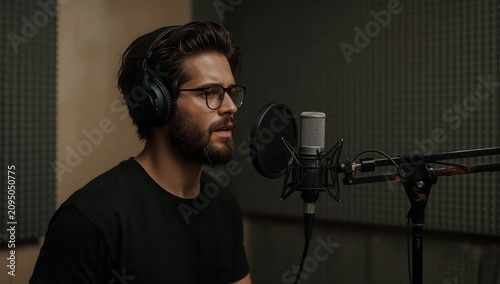 Young Man Speaks Into Microphone in Recording Studio During the Daytime
