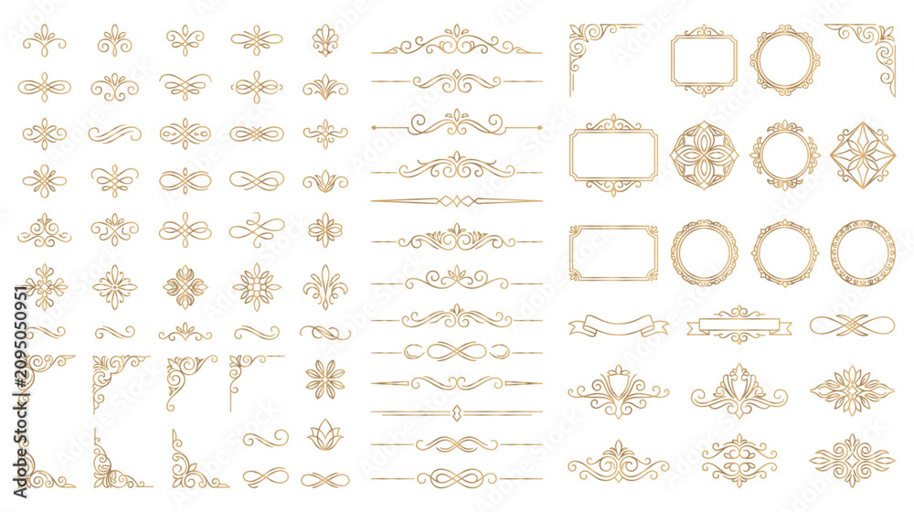 Fototapeta premium Set of gold flourish scroll and ornate vintage borders.