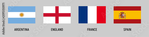 Argentina, England, France, and Spain flags in rectangular badges set, national symbols collection, international countries icons, global identity vector illustration