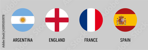 Argentina England France Spain flags in circular badges set, national symbols collection, international countries icons, global identity vector illustration