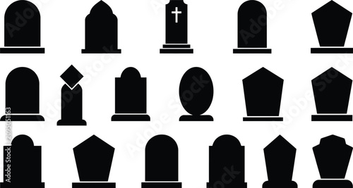 Fotografía Black silhouettes of various tombstones and headstones on white background for H
